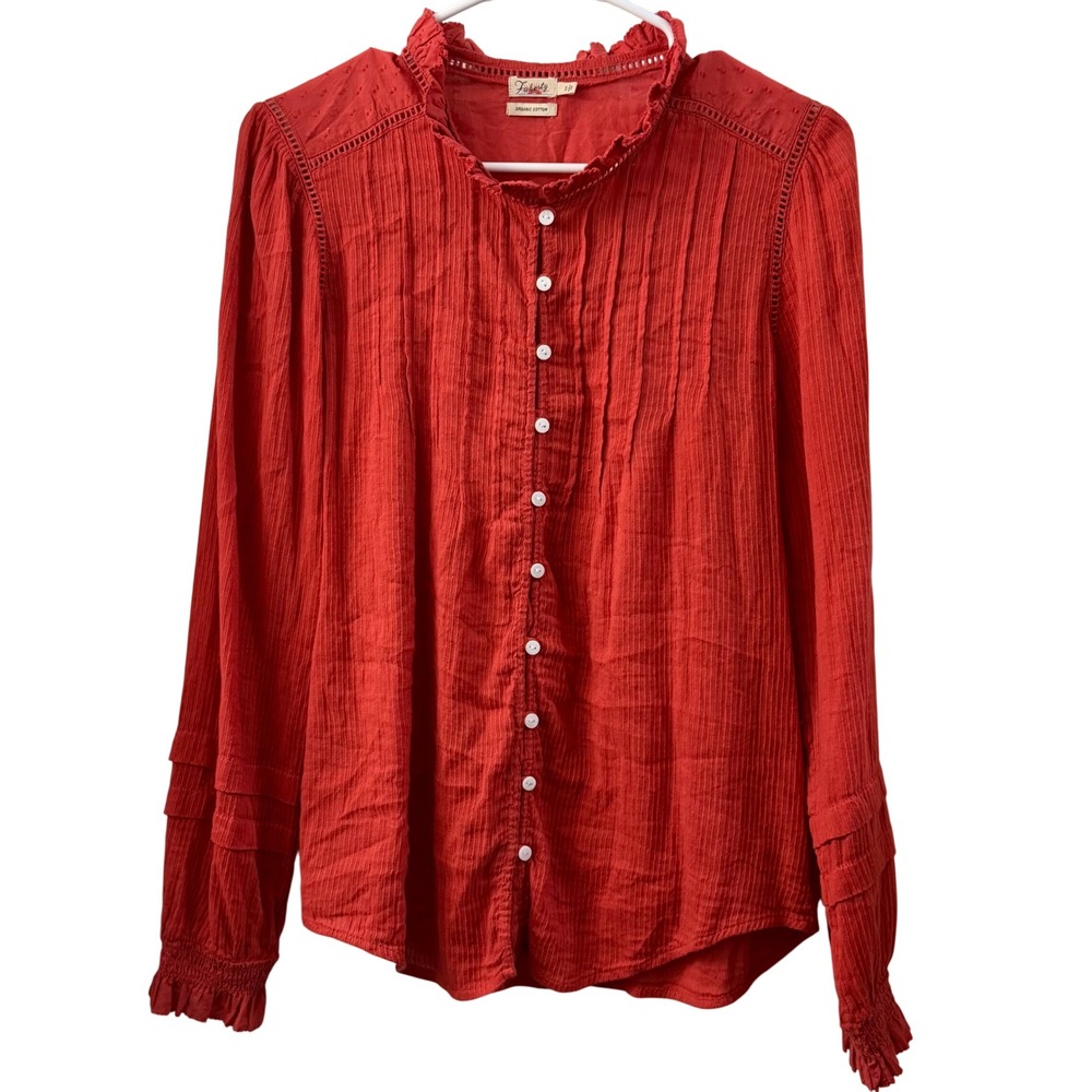 Faherty Willa Top‎ Organic Cotton Rust Red Pintuck Ruffle Blouse Small Retro